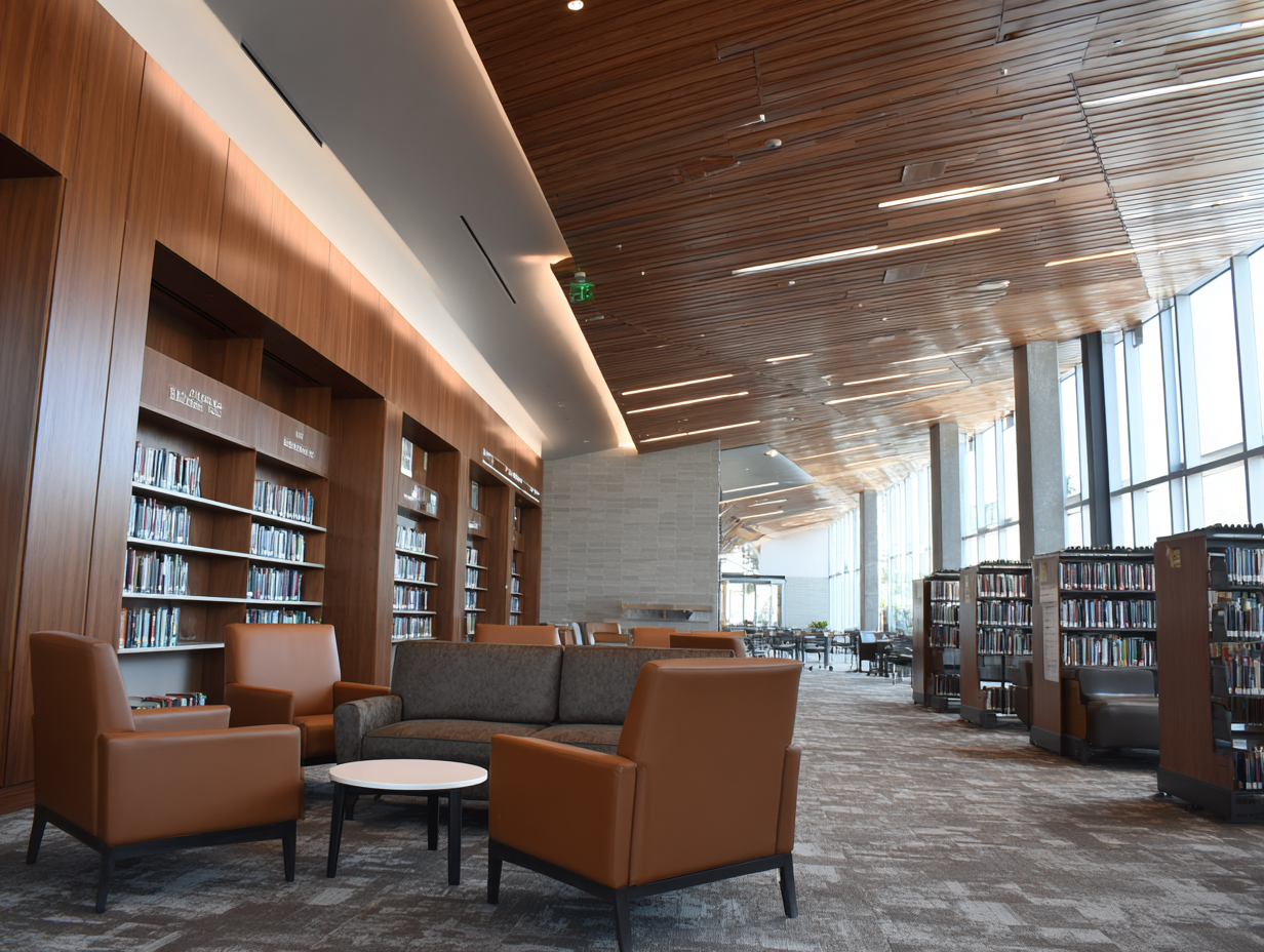 Modern public library open-plan reading floor with wood ceiling and seating areas